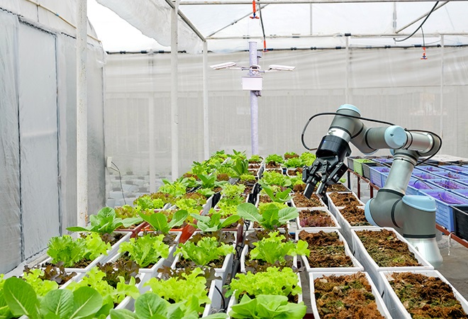 A robotic arm performing farming tasks in a greenhouse.