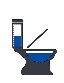 Illustration depicting the following: Check water in toilet bowl. If the dye shows up in toilet, you have a leak.