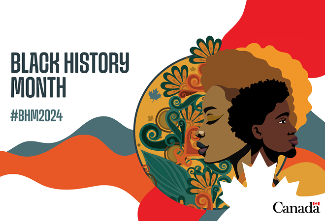 Illustraition of profile image of a black man and woman facing either direction. Text: Black History Month. Social media hashtag: #BHM2024. Logo in bottom right: Government of Canada