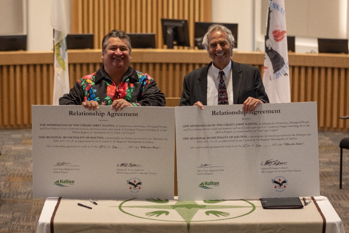Ogimaa R. Stacey Laforme (left) and Halton Regional Chair Gary Carr (right) with signed copies of the Relationship Agreement on June 20.