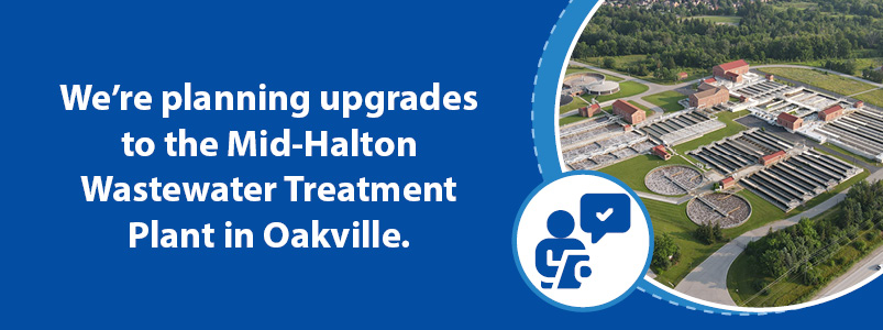 Aerial photo of the Mid-Halton Wastewater Treatment Plant with text overlay saying We’re planning upgrades to the Mid-Halton Wastewater Treatment Plant in Oakville.
