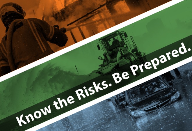 A collage of emergency photos, including severe weather, flooding, and fire.