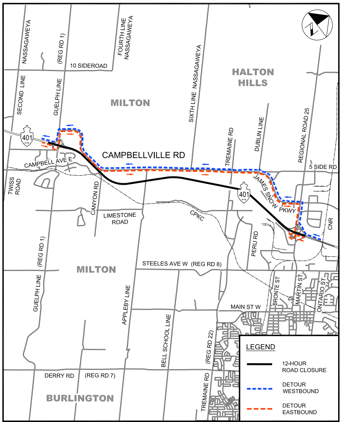 A map detailing the detour on Campbellville Road during the temporary overnight closure