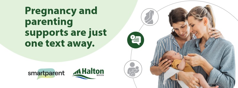 Two women mothers holding a baby with the words "Parenting and pregnancy supports are just one text away."