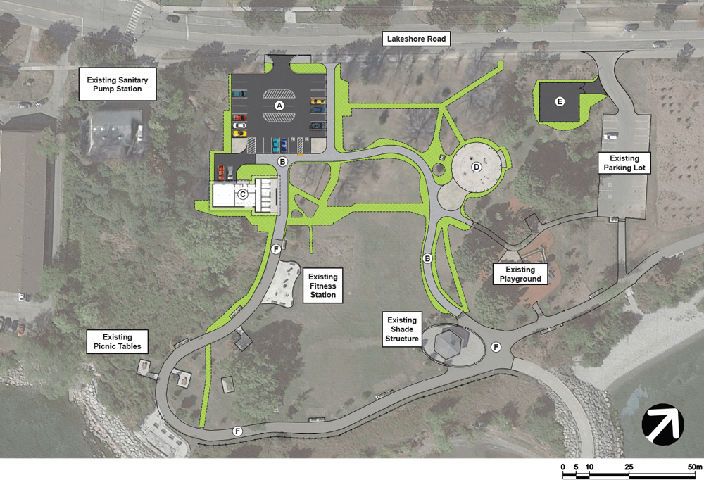 A detailed rendering over a satellite image of the site, showing the location of the new and modified park features.