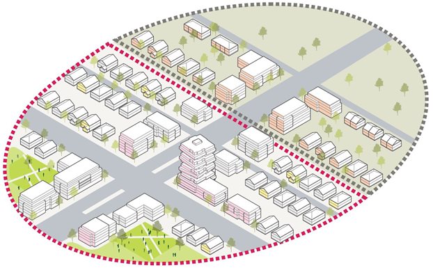 Graphic depicting dense built-up area and vacant land in a nearby greenfield area.