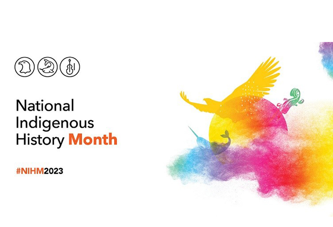 National Indigenous History Month with image of artistic bird, narwhal and violin
