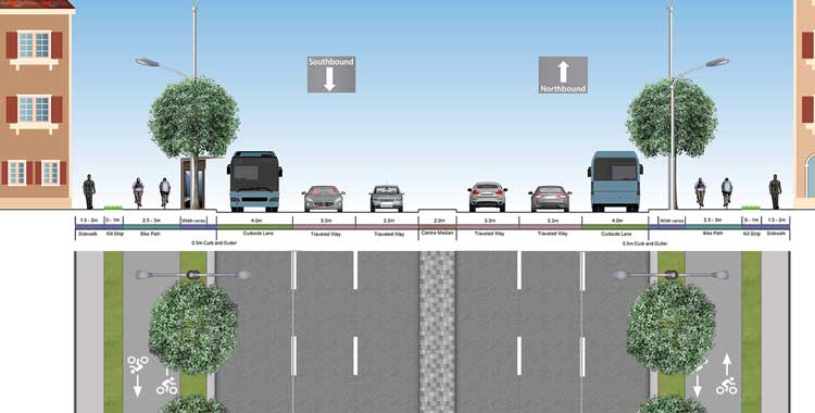 Cross section of Trafalgar Road Improvements from  Hays Boulevard and William Halton Parkway showing the bike path, sidwalk and car lanes.