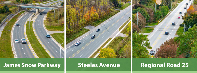 Aerial view of James Snow Parkway, Steeles Avenue and Regional Road 25