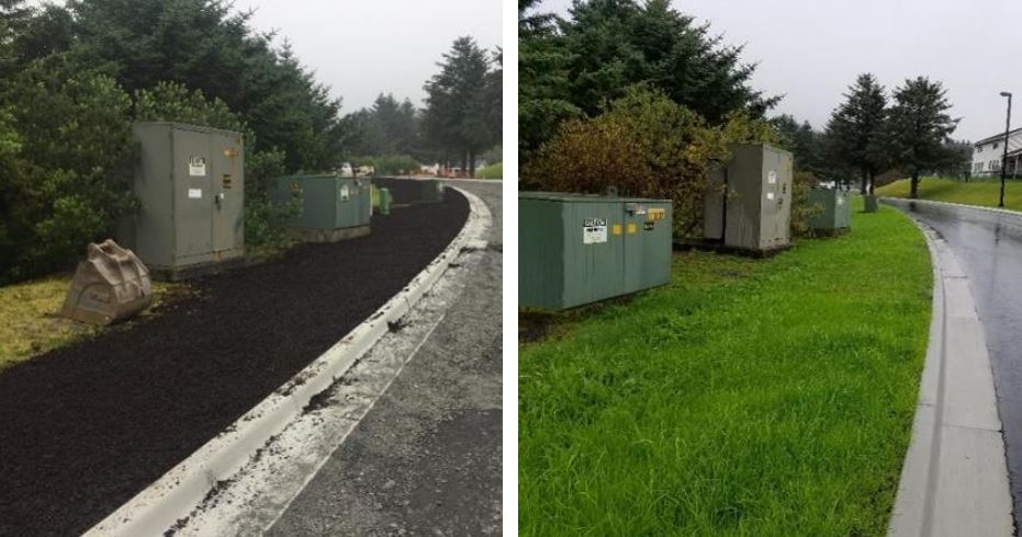 Landscape gardening right after biosolids compost application and several weeks later, showing the positive effect on the soil.