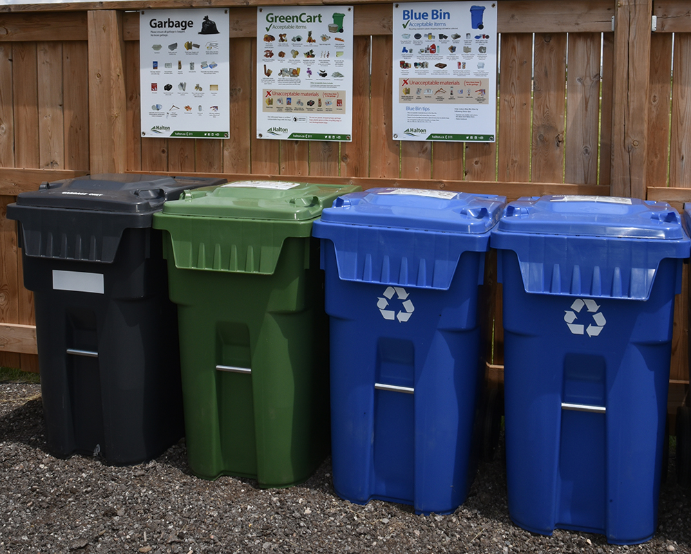 garbage, green carrt and recycling carts outside