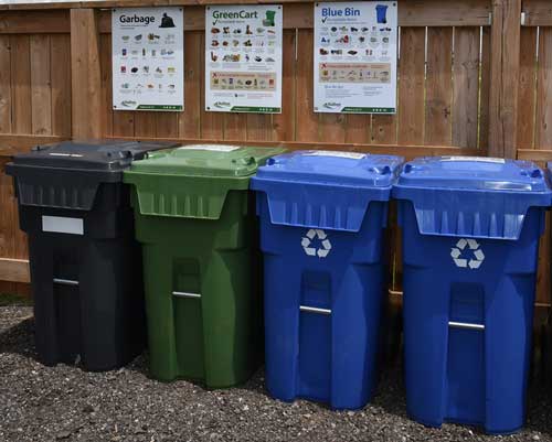 garbage, green carrt and recycling carts outside