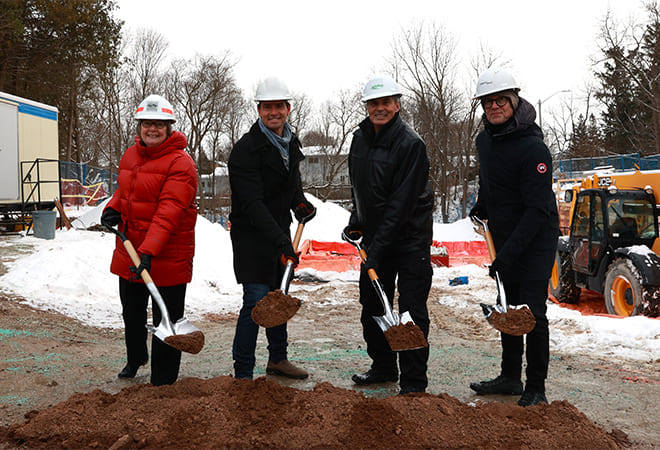 Halton Hills Mayor Ann Lawlor, Adam van Koeverden, MP for Milton, Halton Regional Chair Gary Carr and Paul Gregory, Executive Director of Support House at the groundbreaking for 47 Maria Street.