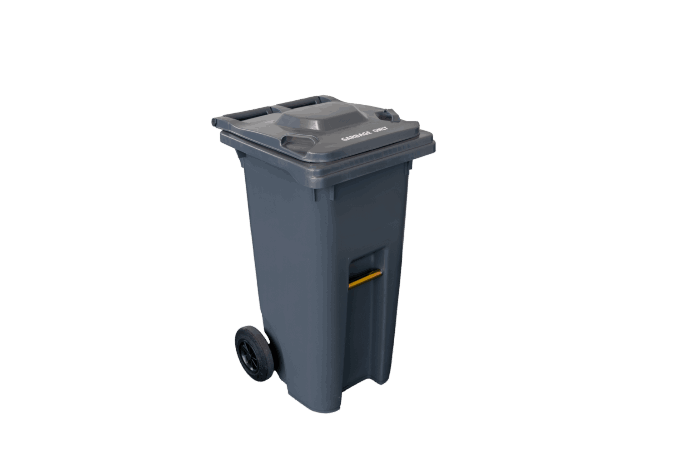 A black 120-litre Wheeled Garbage Cart.