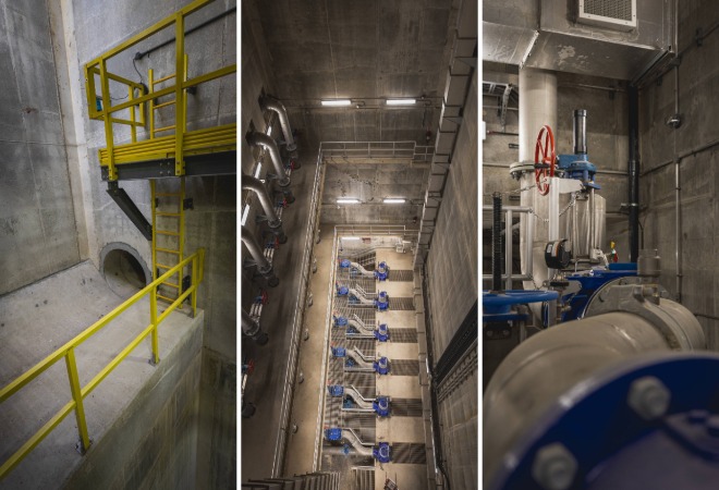 A composite of three interior images showing pumping equipment.