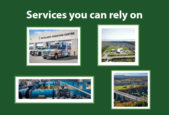 Services you can rely on. Halton ambulances, Burloak Water Treatment Plant, pipes inside a Halton plant, Tansley Bridge in Burlington.