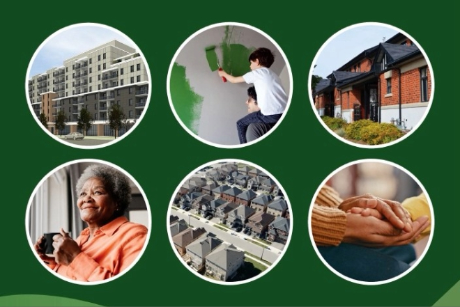 A collage of housing-related images, depicting both structures and residents.