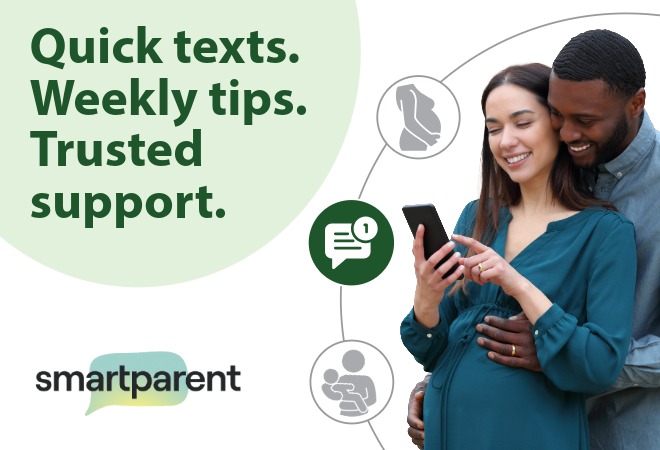 quick texts. weekly tips. trusted support. smartparent logo.