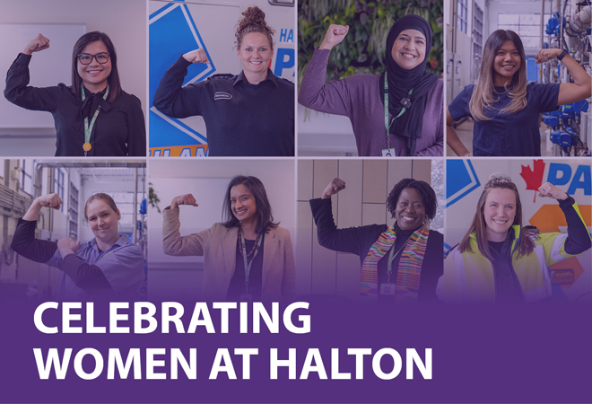 Celebrating women at Halton - women flexing their biceps at work.