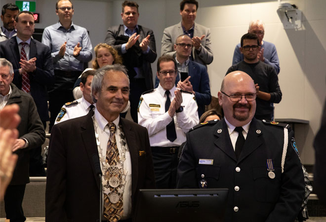 Halton Regional Chair Gary Carr and Halton paramedic Ian Gibson 