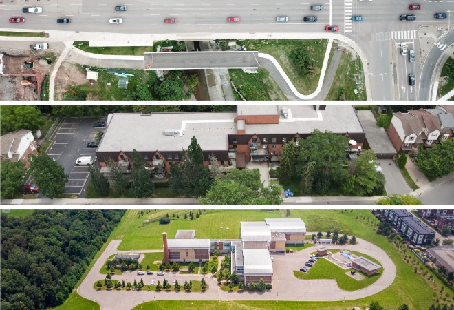 Three drone shots of regional buildings