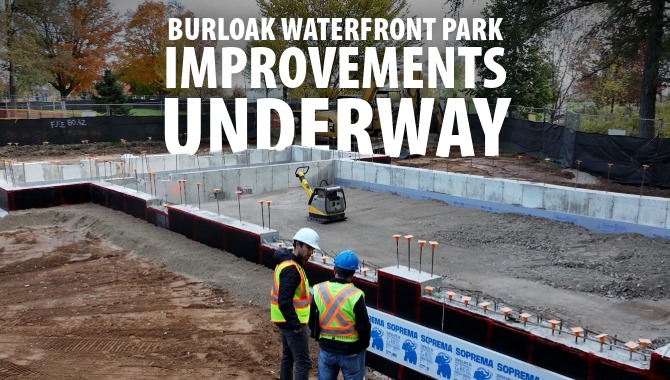 Construction of Burloak Waterfront Park with employees overseeing