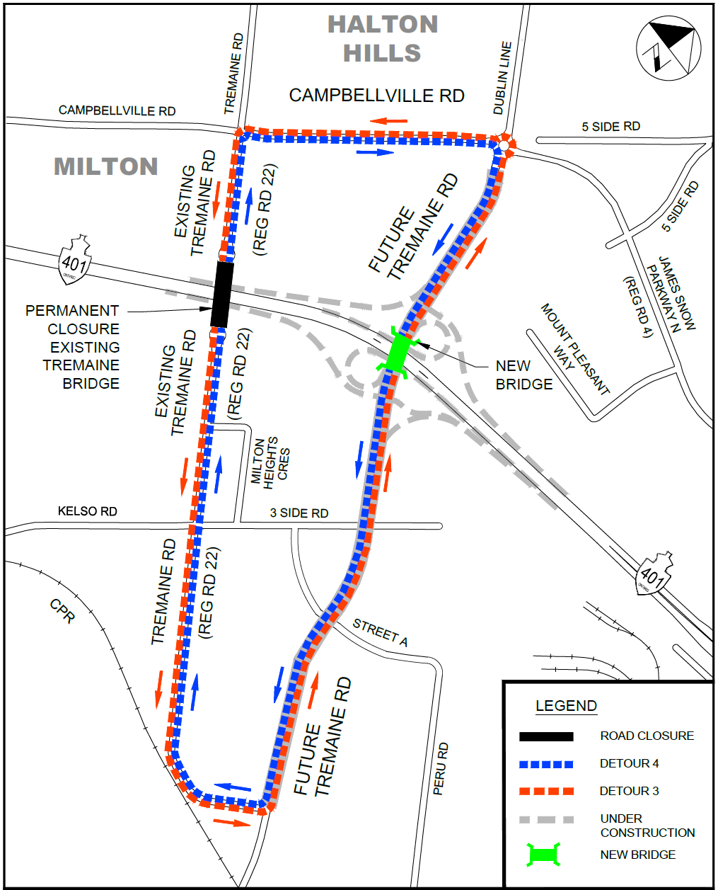 A map depicting Detour 4 and Detour 3.