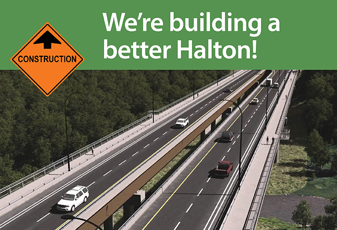 Photograph of a road with the words 'We're building a better halton'