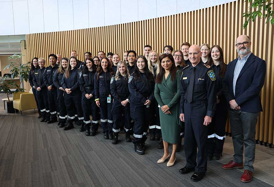 Halton Chief Administrative Officer Andrew Farr, Commissioner and Medical Officer of Health Dr. Deepika Lobo and Paramedic Services Chief Greg Sage, join Halton’s newest paramedics for a photo following the Paramedic Services Graduation Ceremony.