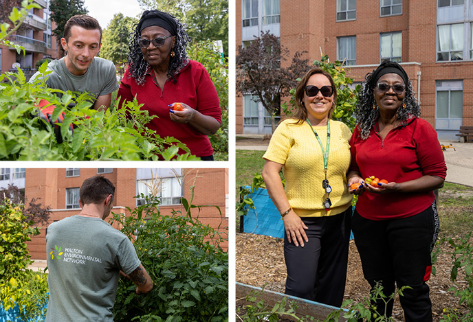Collage of gardeners posing at Merchants Gate garden.