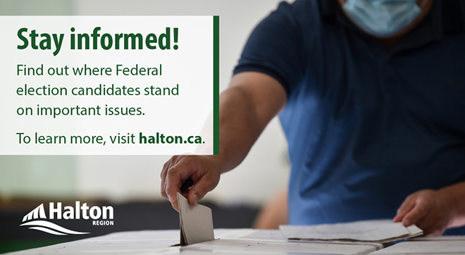 Graphic instructing users to visit halton.ca to learn about where the Federal election candidates stand on important issues.