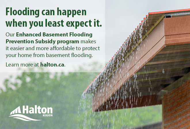 Graphic instructing users to visit halton.ca to learn about the Enhanced Basement Flooding Prevention Subsidy program.