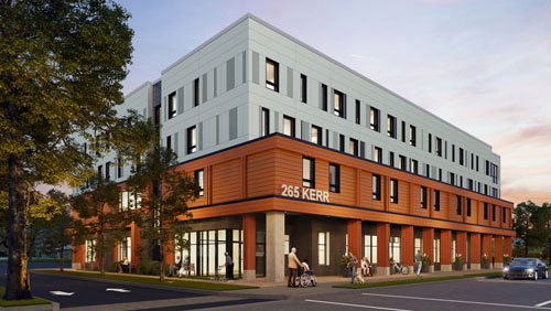 Rendering of a 4 story building titled 'the Hub'