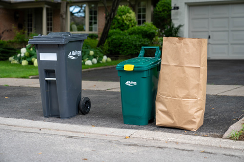 A Black Cart, a Green Cart, and a yard waste bag at the end of a driveway for curbside collection. The Black Cart is positioned 0.5 metres away from the other two items to allow for automated collection.