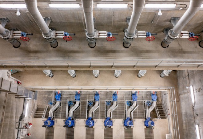 A series of connected metal pipes.