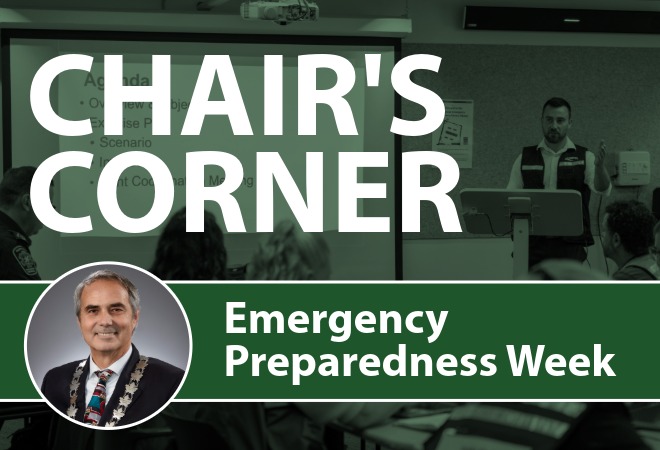 A graphic that reads 'Chair's Corner: Emergency Preparedness Week.