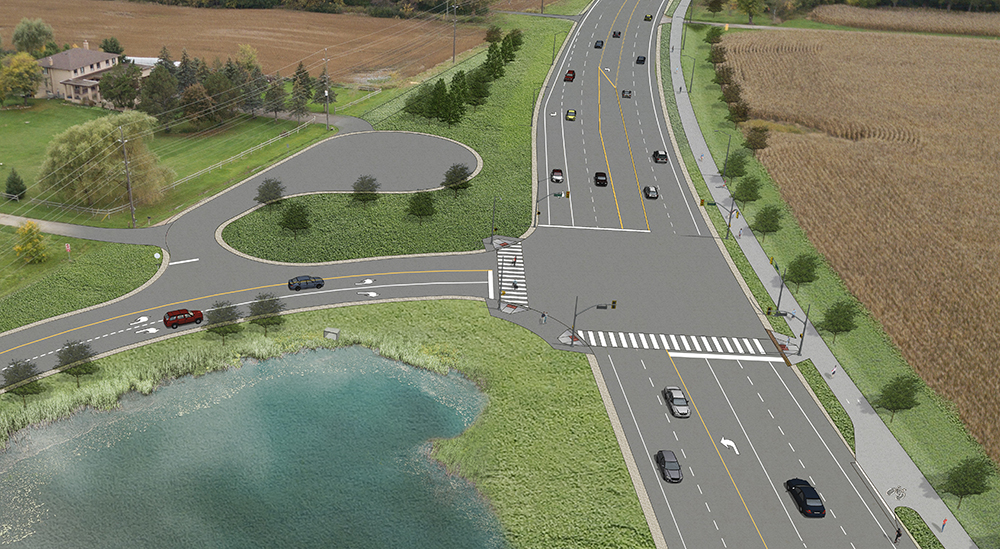 rendering of Trafalgar Road Widening project at Hornby Intersection in Halton Hills