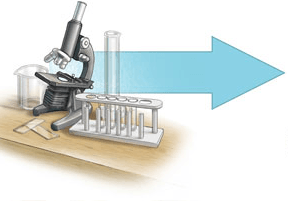 A table with a microscope and test tubes.