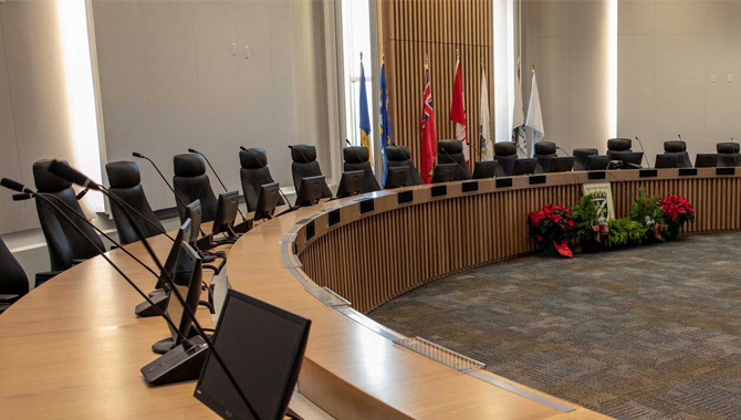 A photo of an empty Council Chambers