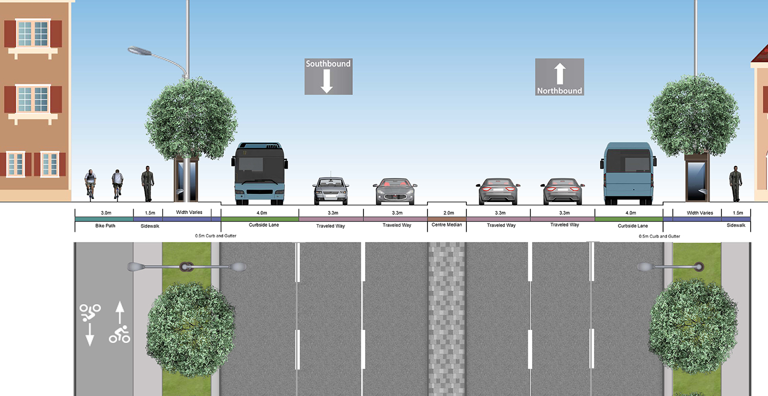 Cross section of Trafalgar Road Improvements from Leighland Avenue to north of Hays Boulevard showing the bike path, sidwalk and car lanes.