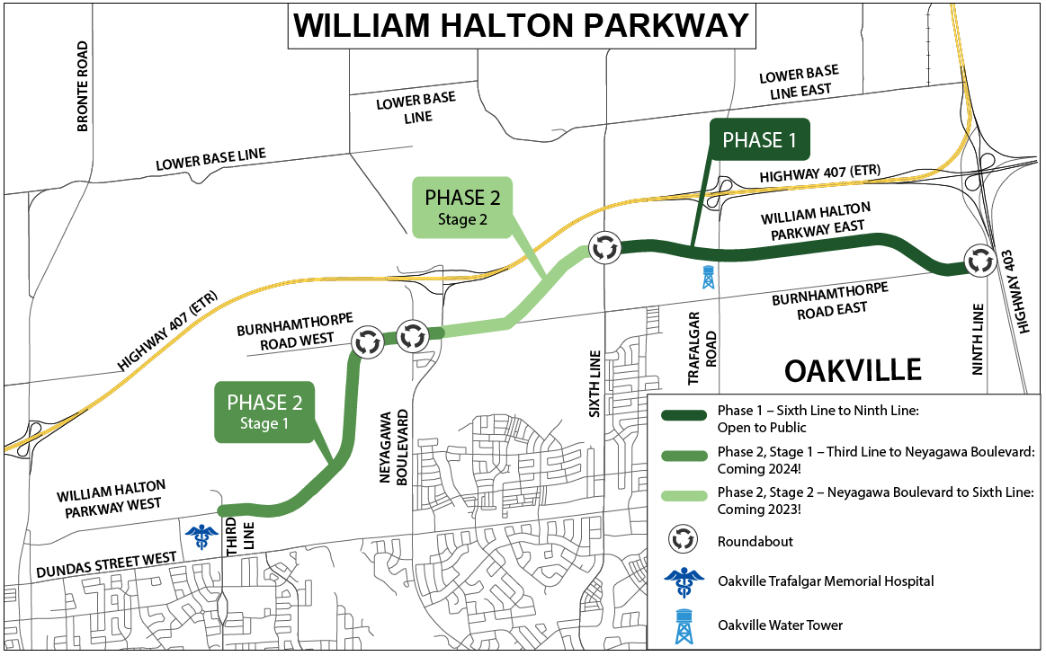 Map of Willam Halton Parkway showing the phases of the project