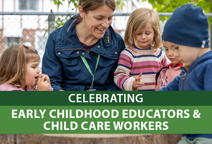 A child care worker with the blog title as a text overlay.