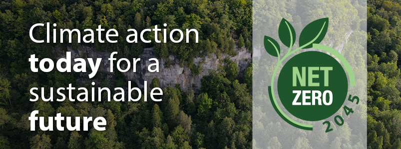 A photo of the Niagara Escarpment with text overlay reading 'Climate Action Today for a Sustainable Future