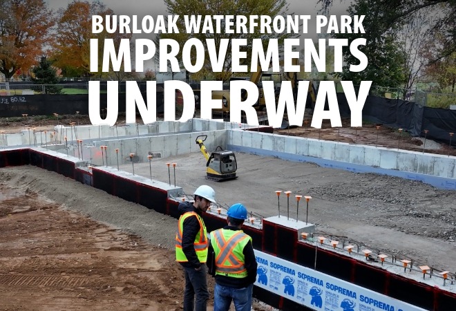 Burloak waterfront park improvements underway - people in construction gear observing groundwork being laid for development.