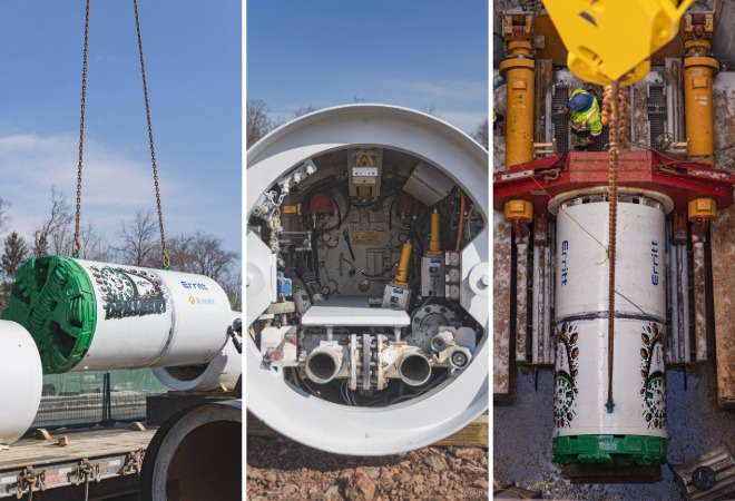 3 photos of the microtunnelling machine named Drillbert